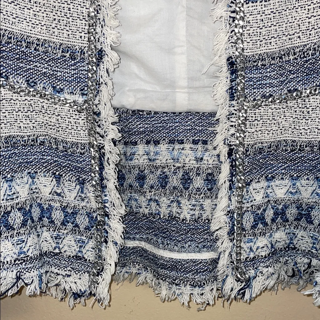 Rebecca Taylor Women’s Tweed Knit Chain Fringe Blue White Open Cardigan Blazer - Image 4