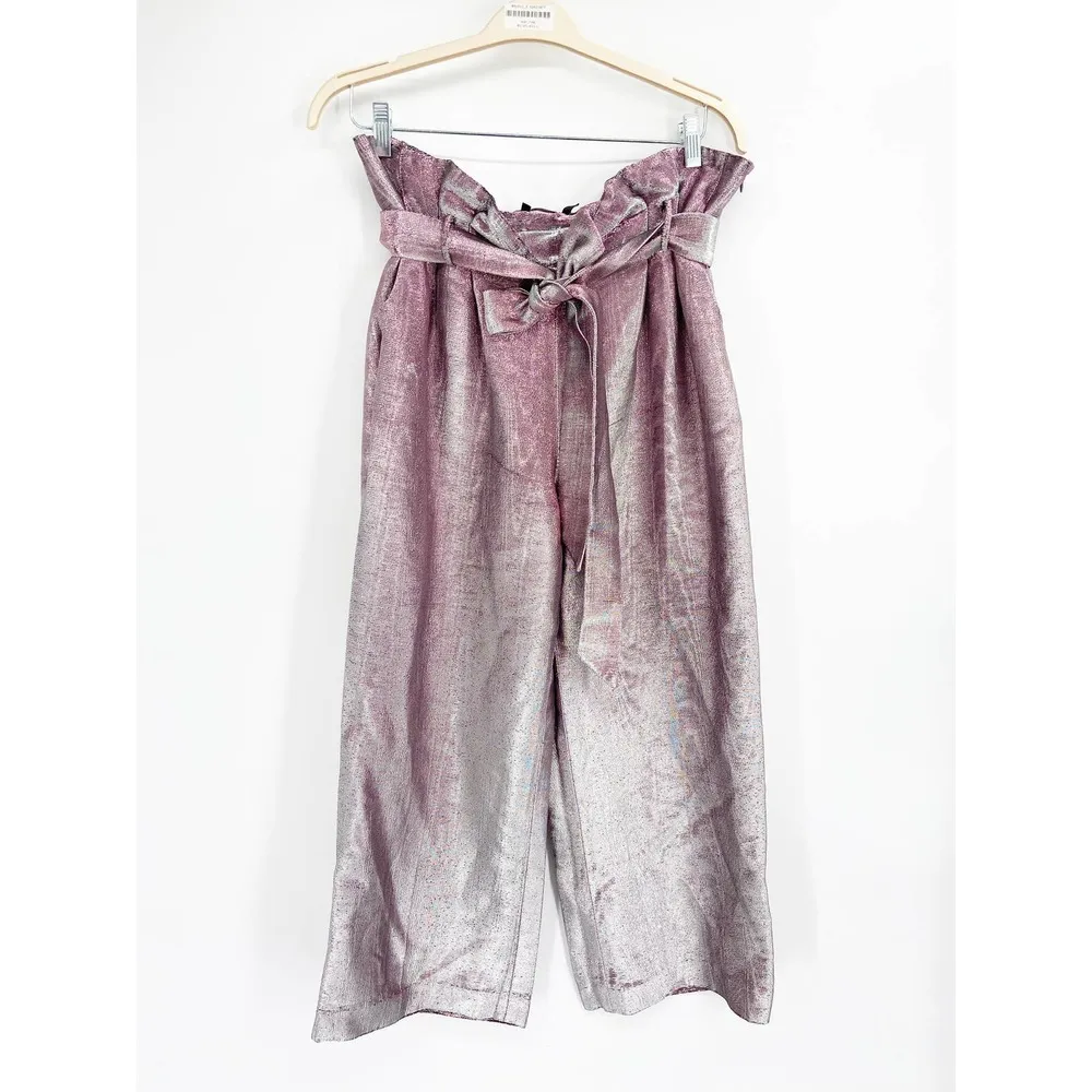 Badgley Mischka Pink Silver Metallic Wide Leg Paperbag Tie Waist Pants Size 14 - Image 10