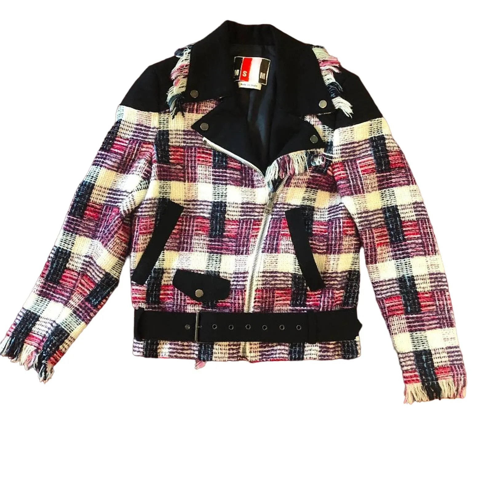 MSGM Plaid Moto Jacket Metallic Black Size 4 - Image 2