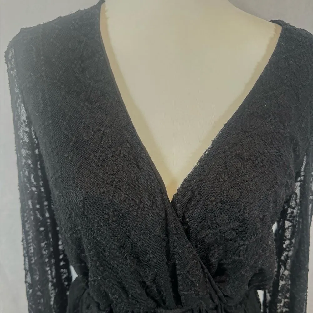 long sleeve black lace surplice top romper size small - Image 4