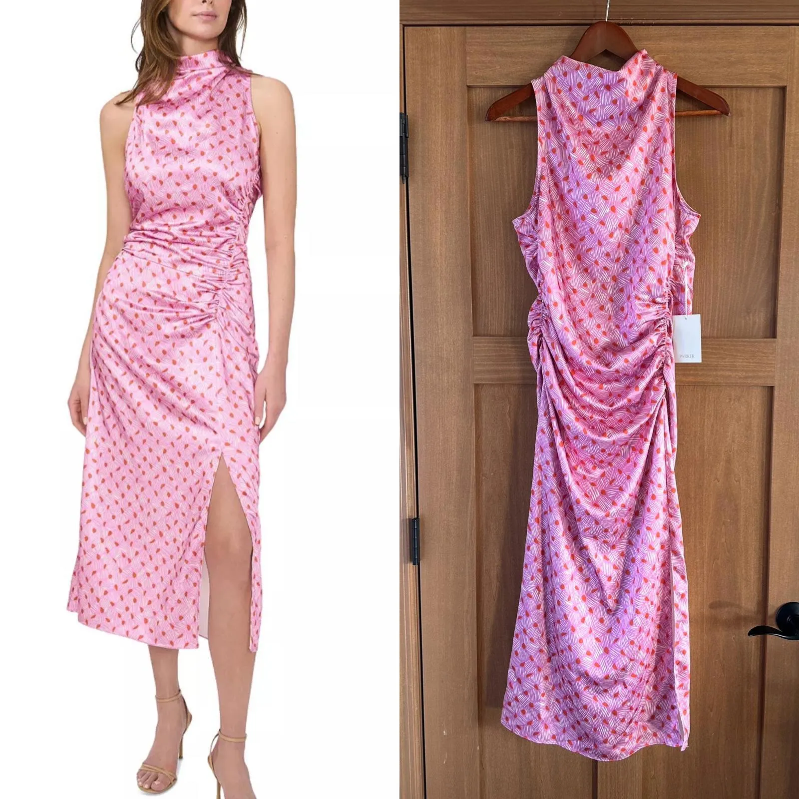 NWT Parker The Ayla Ruched Mock-Neck Satin Midi Dress in Cashmere Rose Women’s 8 - Image 2