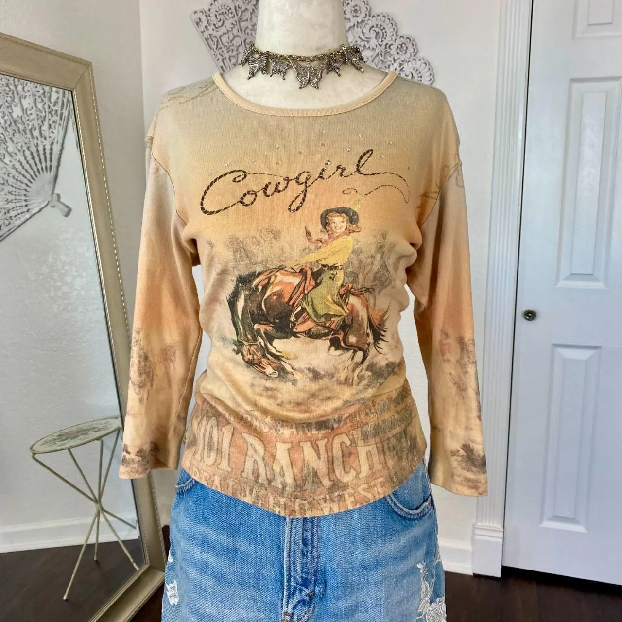 Vintage Tan Brown Early 2000's Western Cowboy Graphic Print Long Sleeve Top L Size L - Image 5