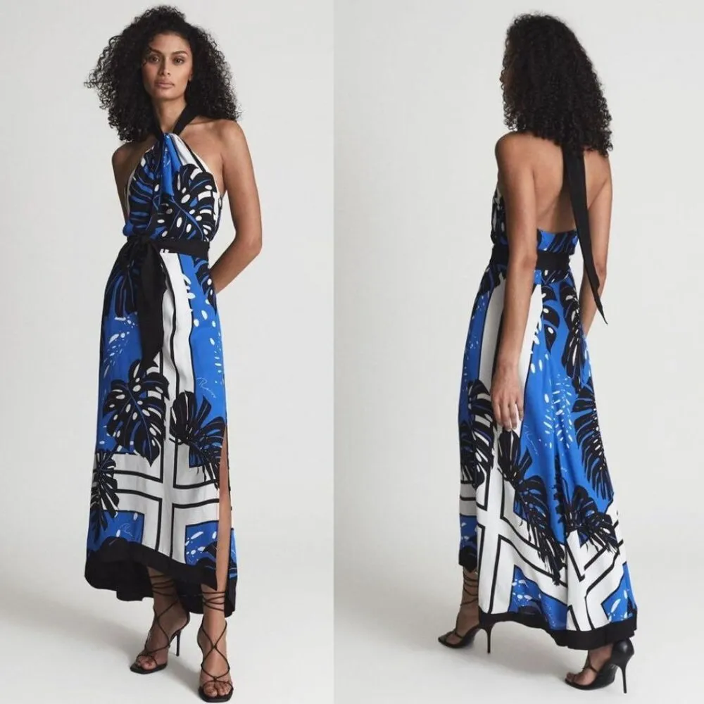 REISS Erin Palm Print Halter Neck Maxi Dress Sleeveless Blue White Black - Image 4
