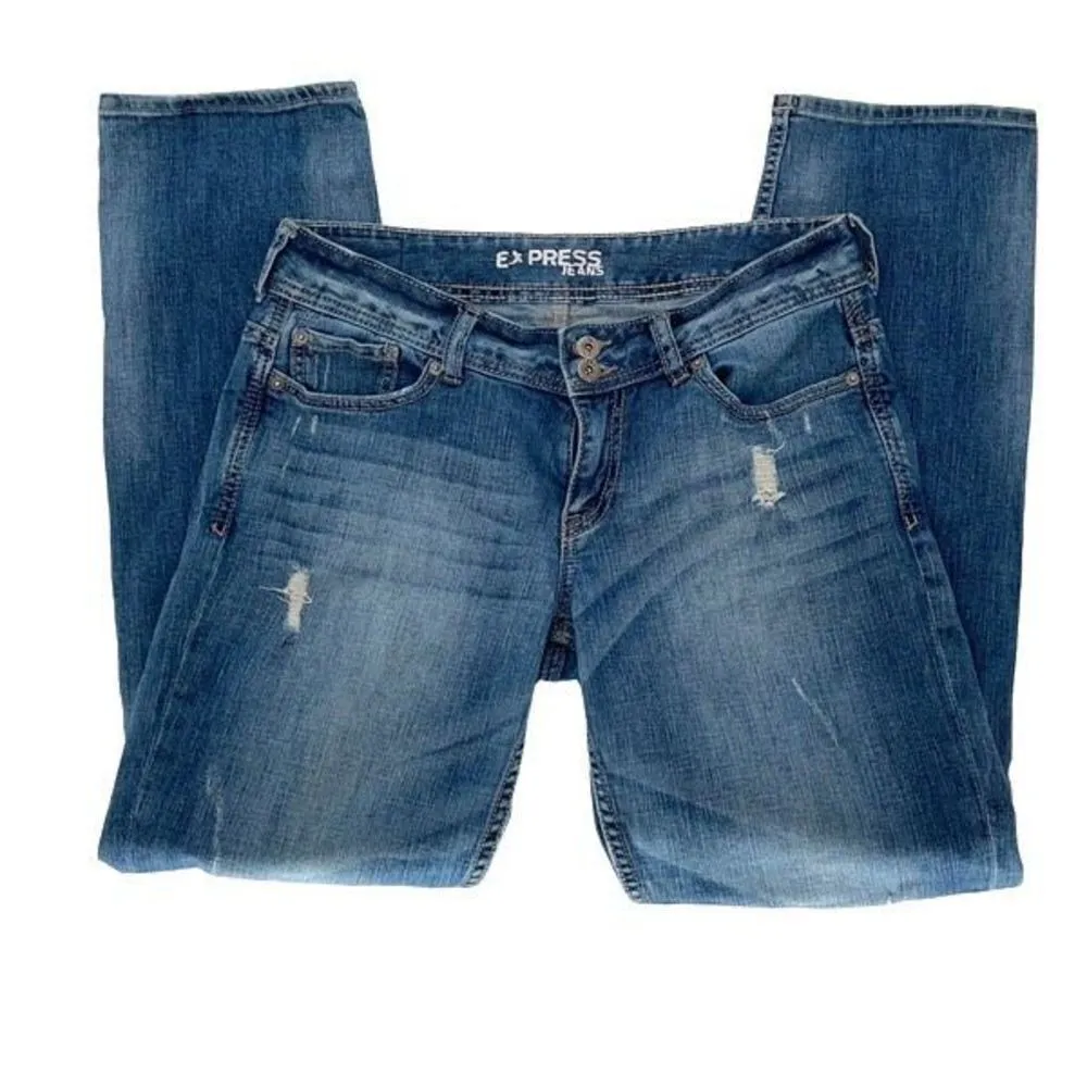 Express Womens Double Button Straight Leg Distressed‎ Jeans Medium Wash Size 6 - Image 2
