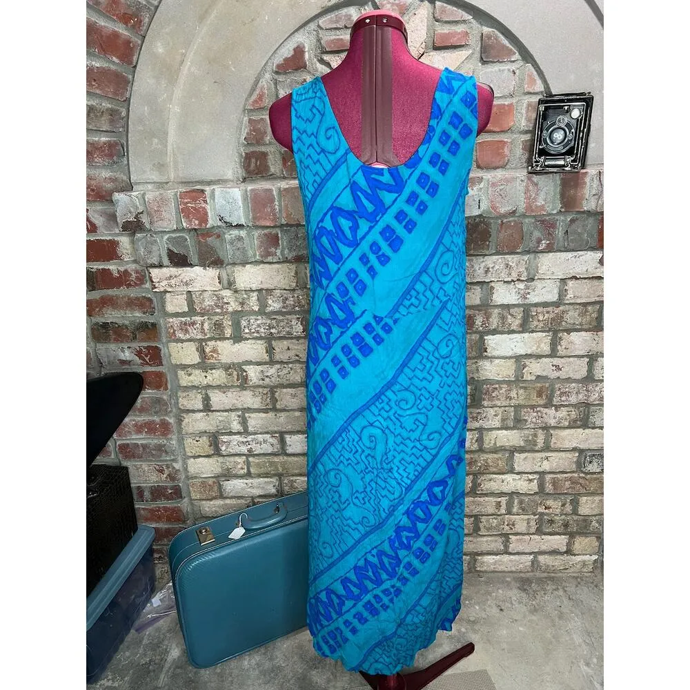 Sun dress maxi tribal boho geometric 1990s blue teal green swallow tail top - Image 7