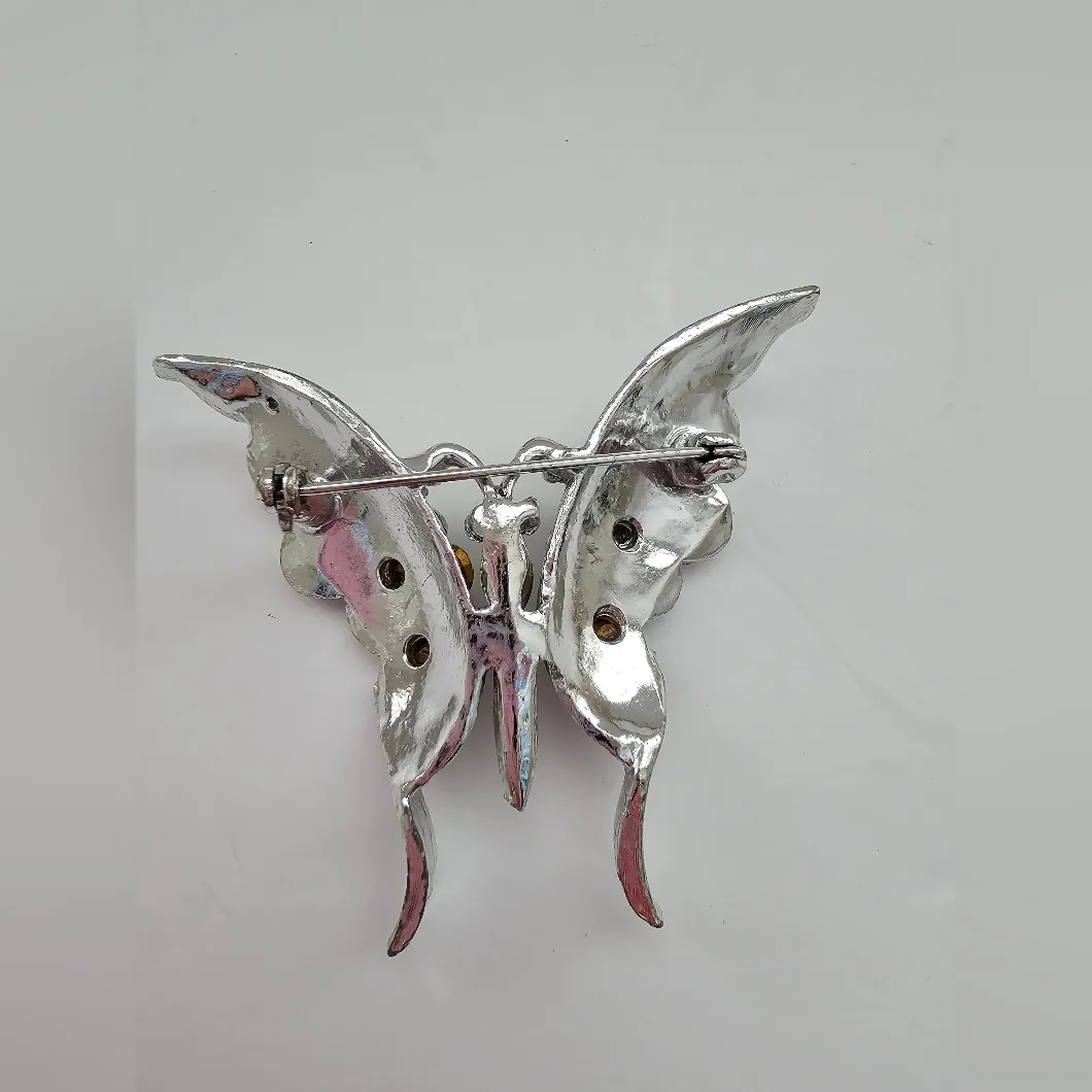 Butterfly Brooch with Clear Rhinestones Silver Tone Metal Red Rhinestones - Image 5