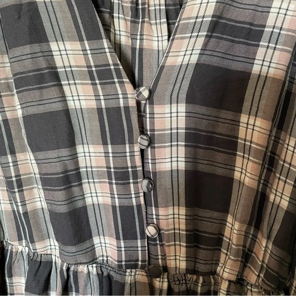 Grey Plaid Babydoll Rayon Twill Button-Front Top - Image 8