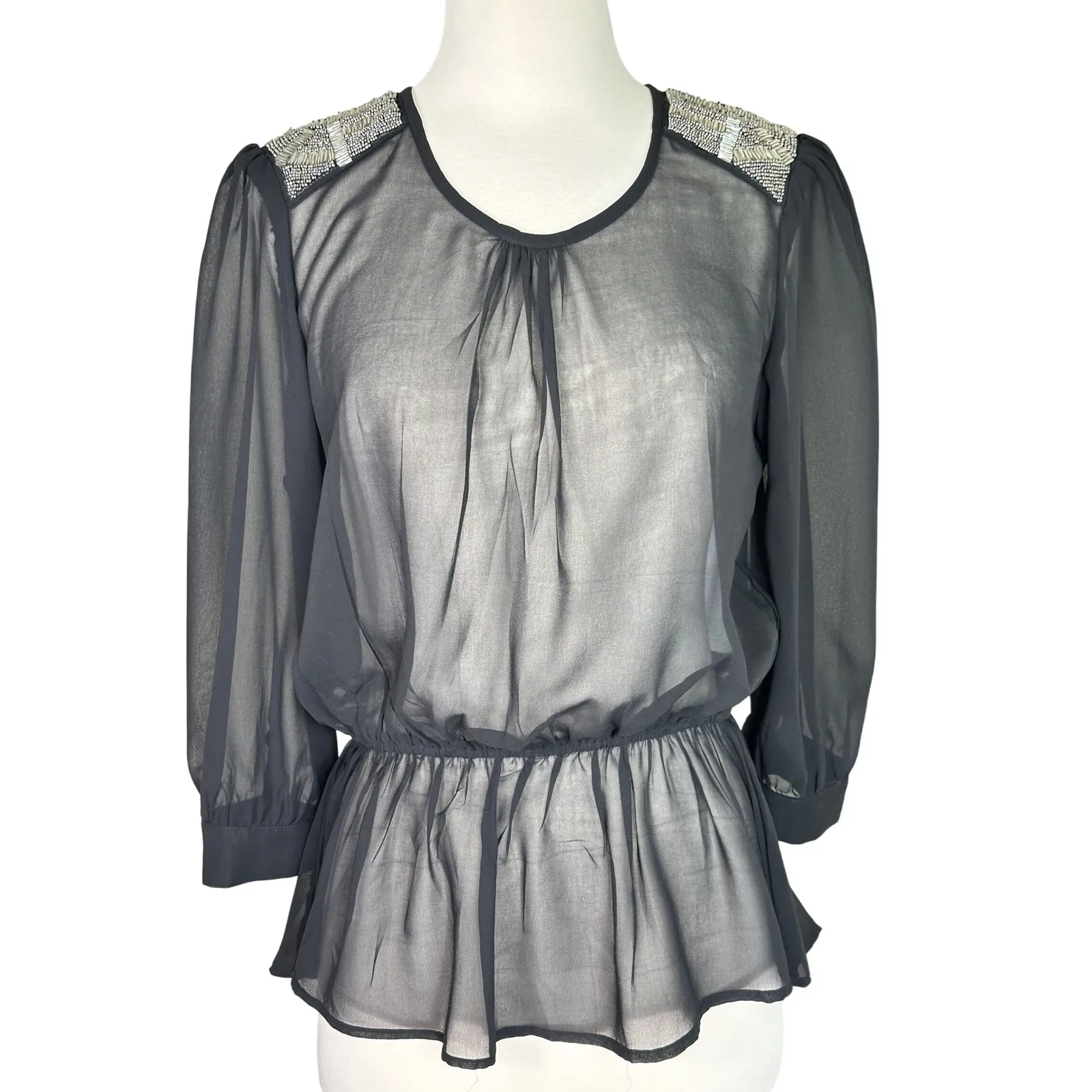 Fun & Flirt Black Sheer Mesh beaded Shoulder Cutout Back Peplum Top Sparkly NYE - Image 2