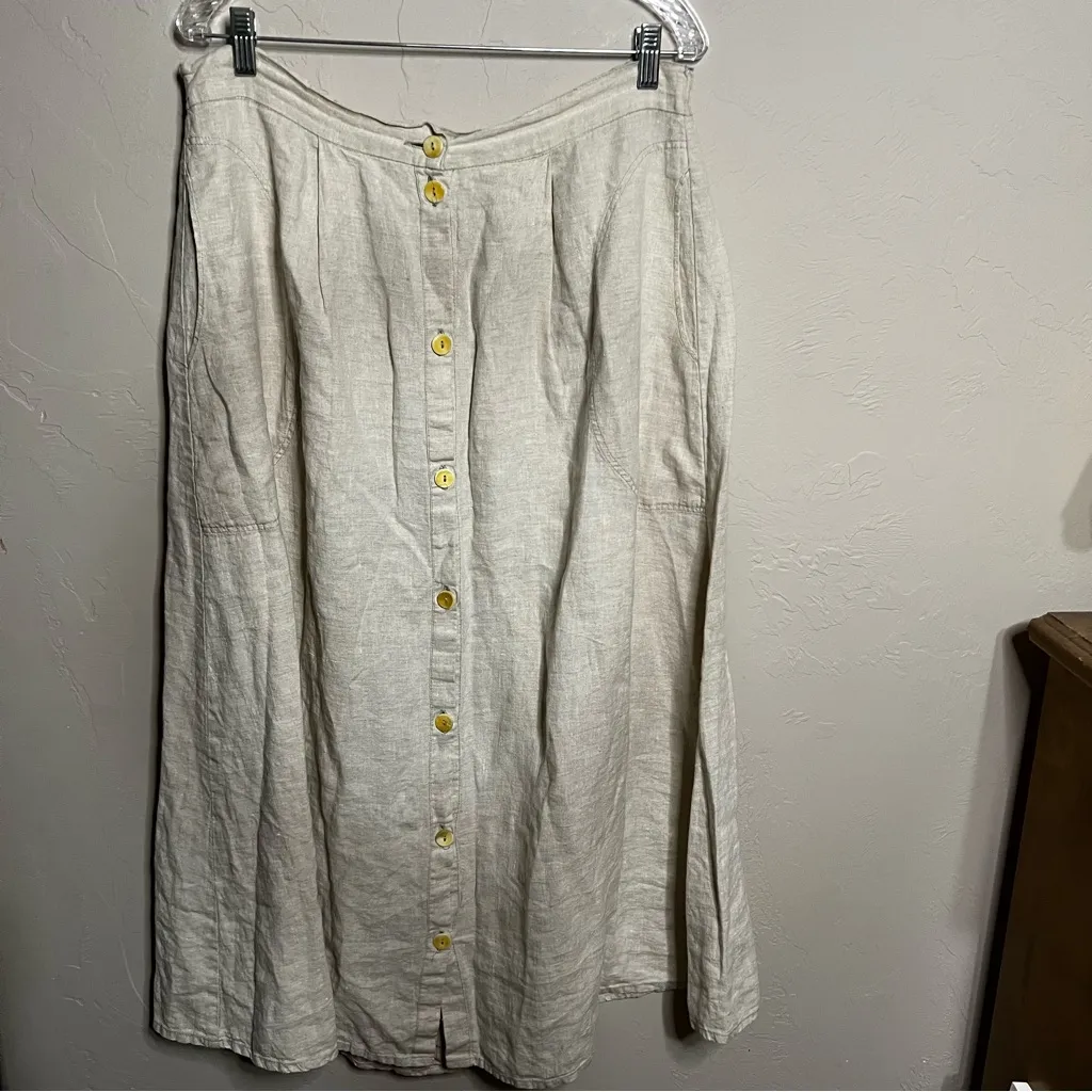 Flax Vintage 100% Linen Beige Button-Down Midi Skirt - Image 2