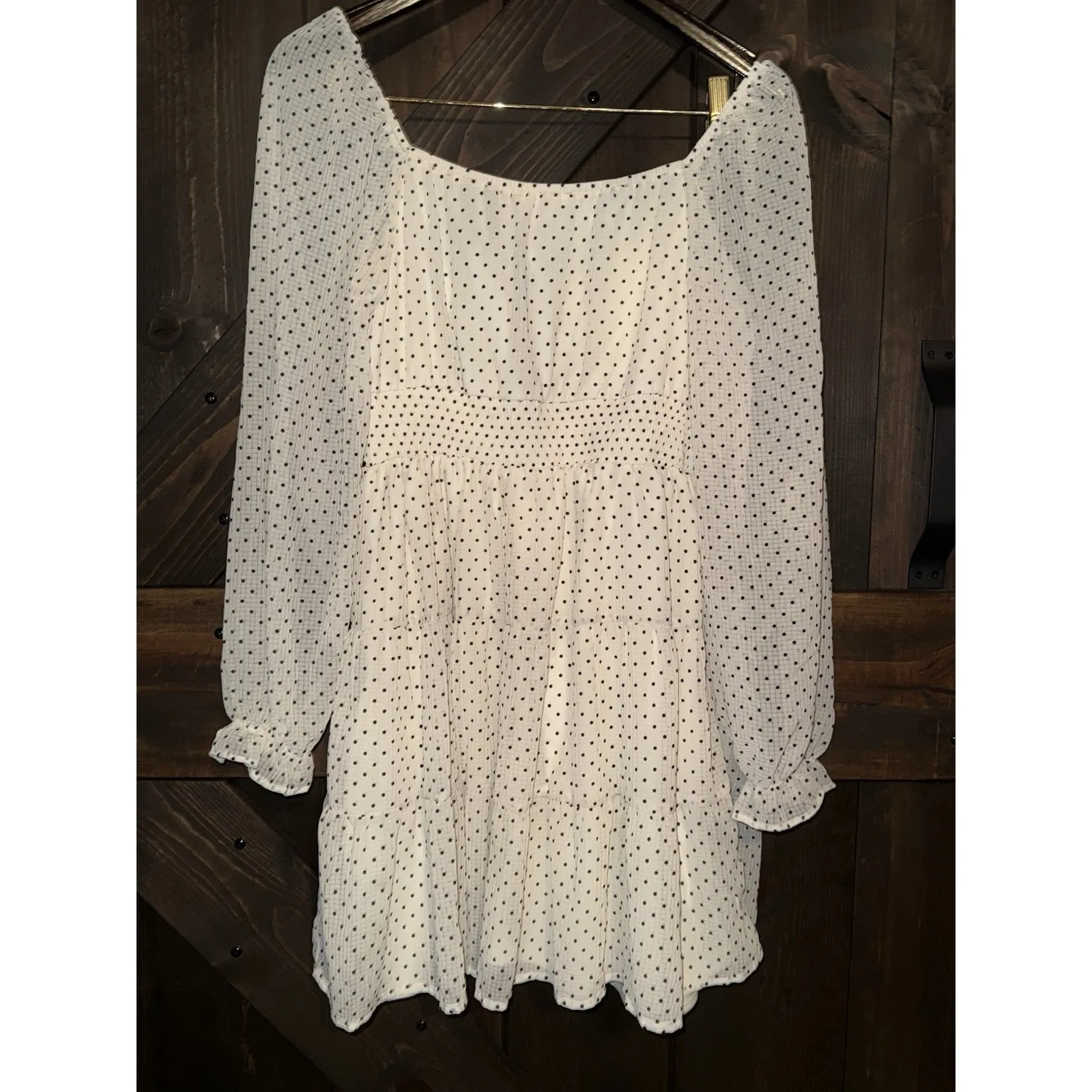 By the River Women's Peasant Dress Long Sleeve‎ Polka Dot Black Off White Size M - Image 5