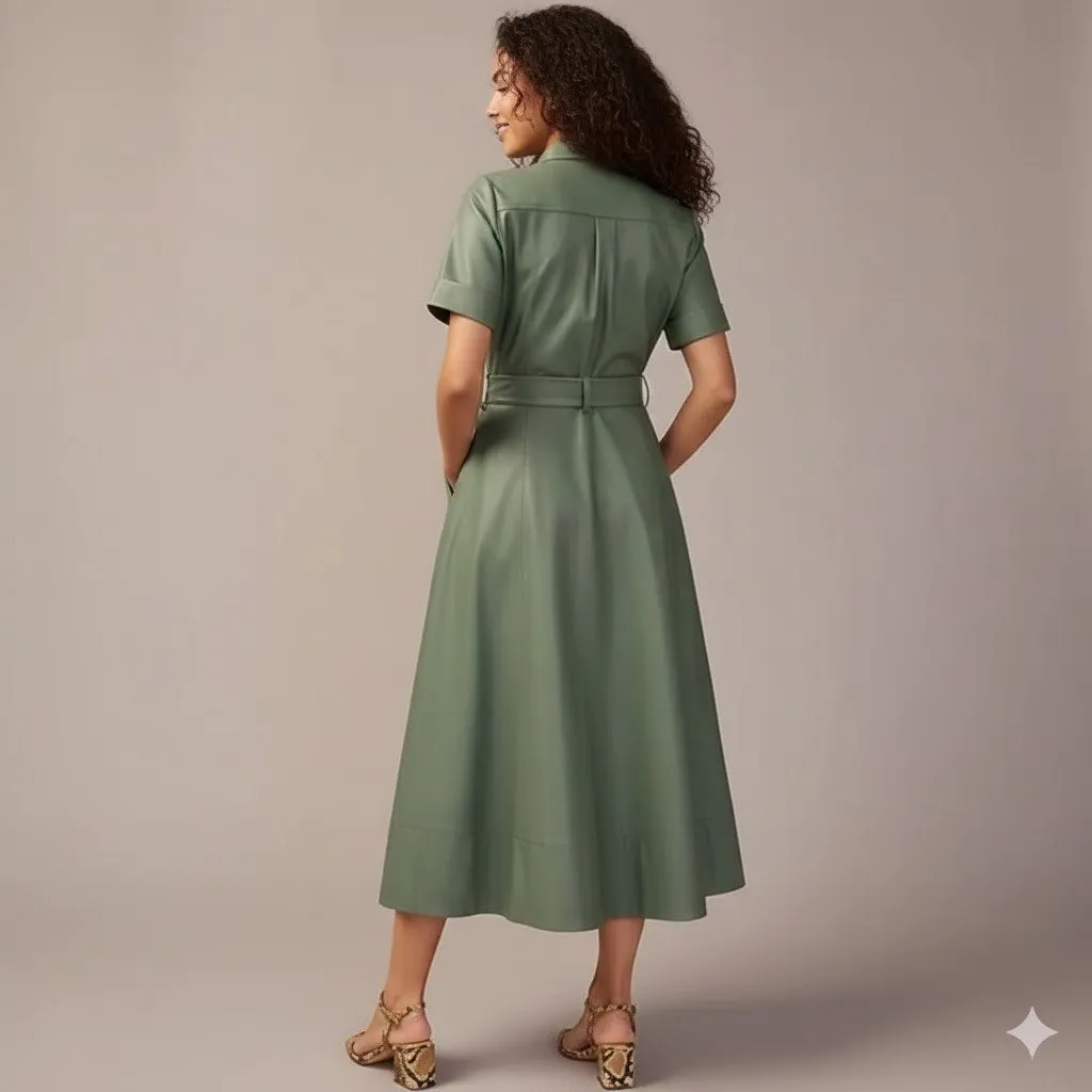 NWT J.Crew Collection Tie-waist Midi in Topiary Faux Leather Shirt Dress 14 - Image 3