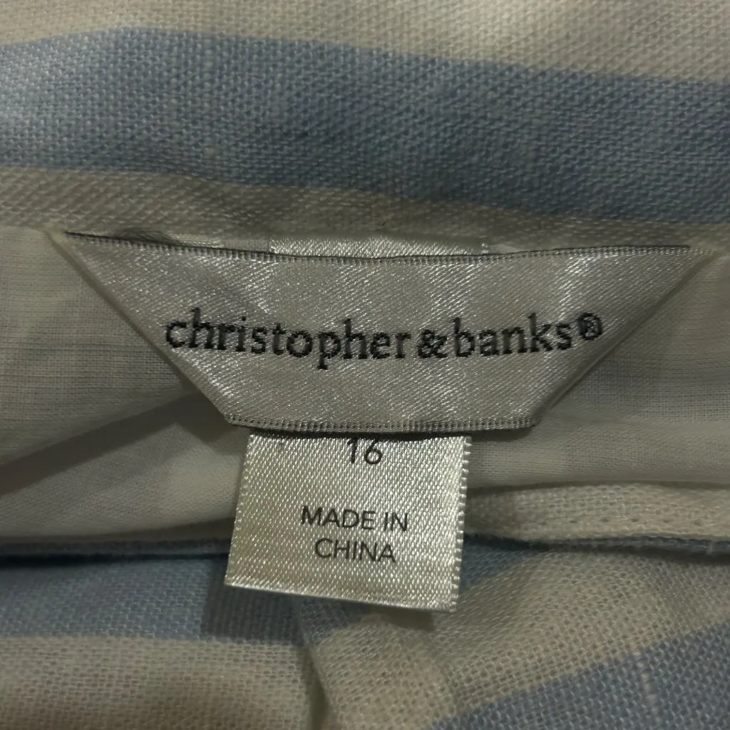 Christopher & Banks Skirt Women 16 Blue Cream Striped‎ Linen Blend Pleated Midi - Image 3