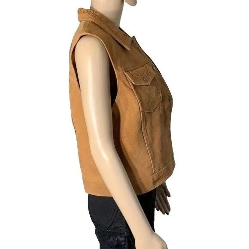 Agapo Collection Womens Leather Vest Collared Suede Western Petite Medium Brown Size undefined - Image 5