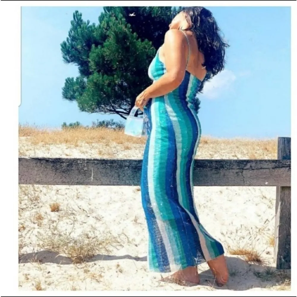 ZARA NWOT Sparkly Aqua Blue Striped Midi Tank Dress Size Small - Image 5