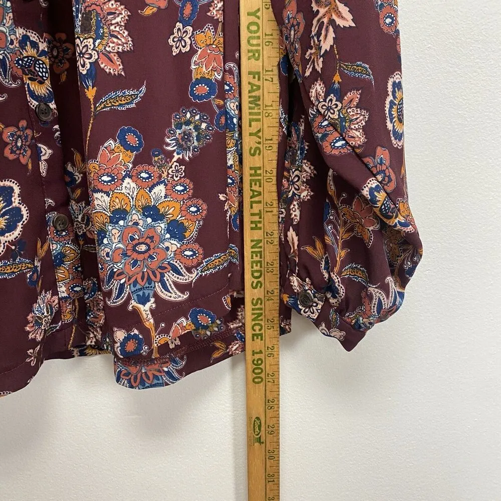 AGNES & DORA Top XL Button Down Peasant Floral Long Casual V-Neck Maroon - Image 9