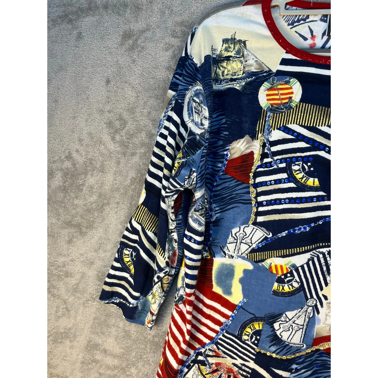 Take Two Blouse 1X Jersey Knit Nautical Sailing Sequin 3/4 Sleeve Country Club Blue Size XL - Image 4