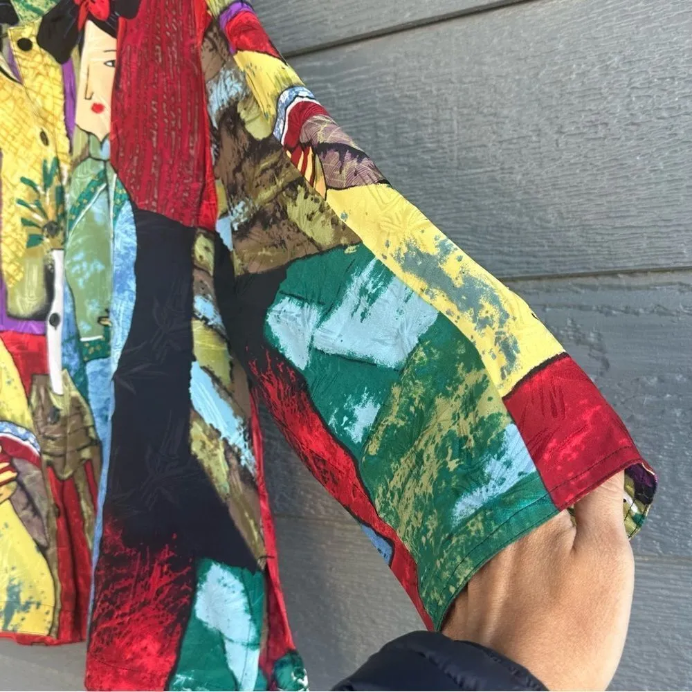 Chico's Design 2 Large Vintage Asian Japanese Colorful Silk Top Kimono-Clad Art - Image 9