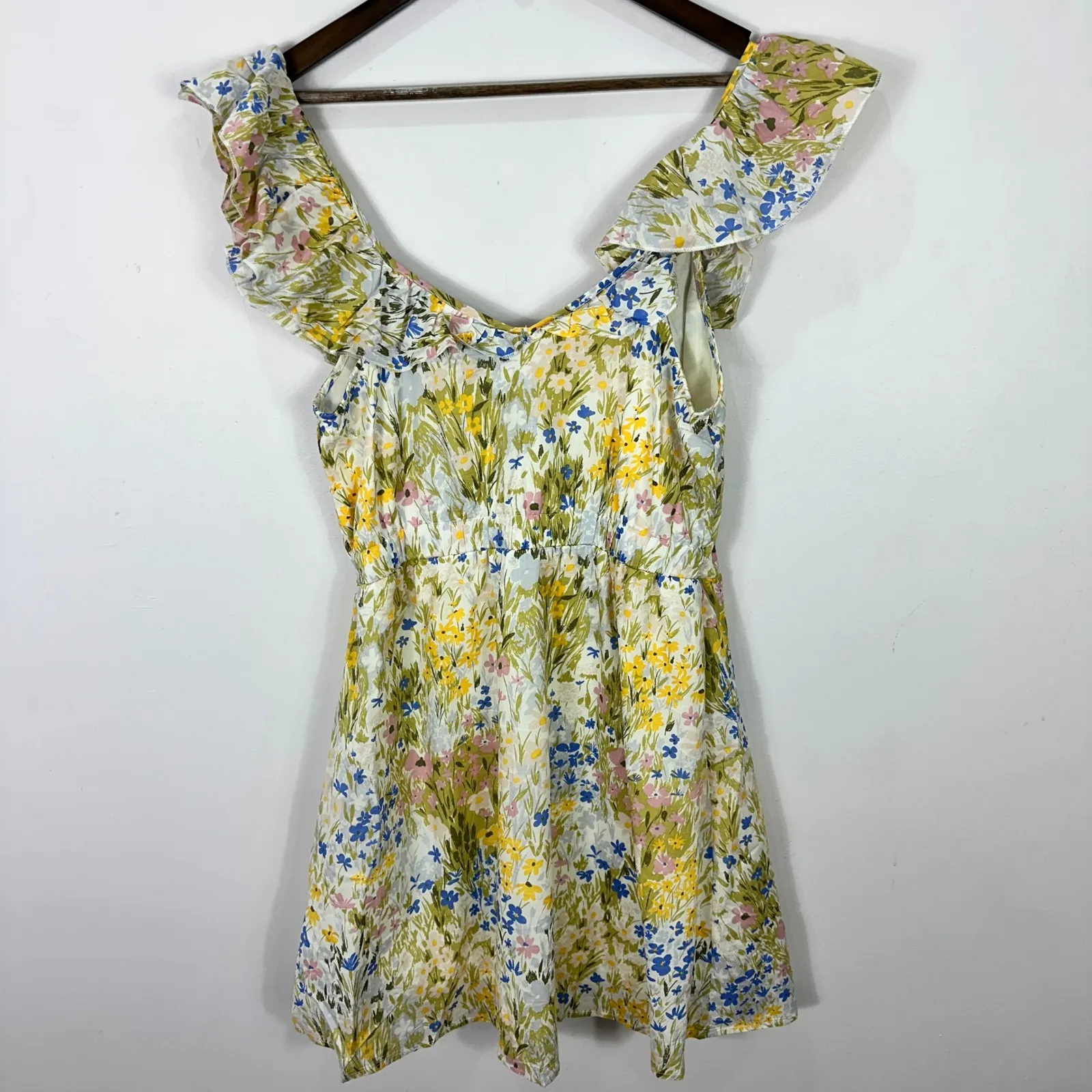 WildFox Floral Mini Dress Womens Large Yellow Coquette Ruffle Romantic Whimsical - Image 6