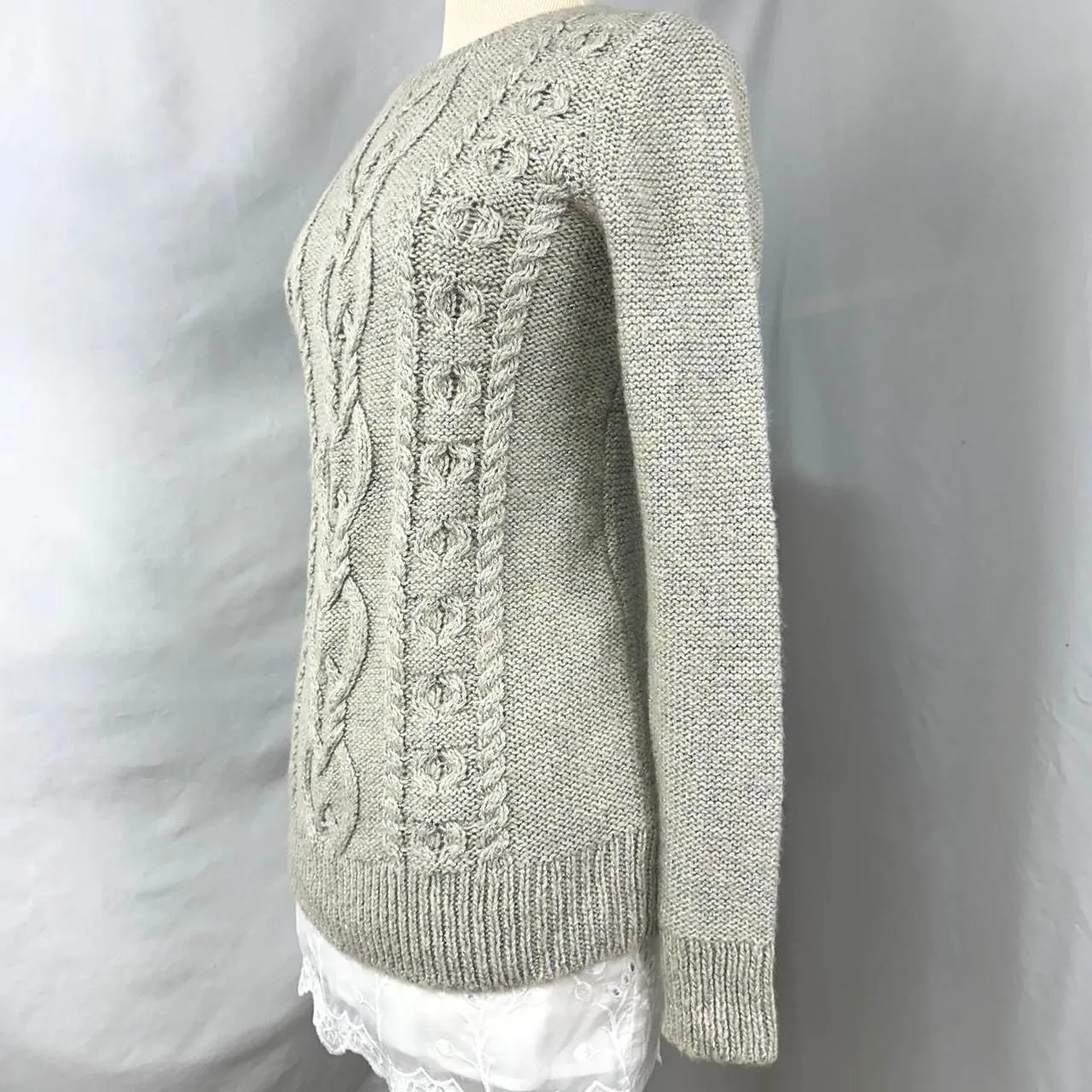 GAP MATERNITY Wool Cream Silver Chunky Cable Knit‎ Fisherman Sweater Womens M - Image 3