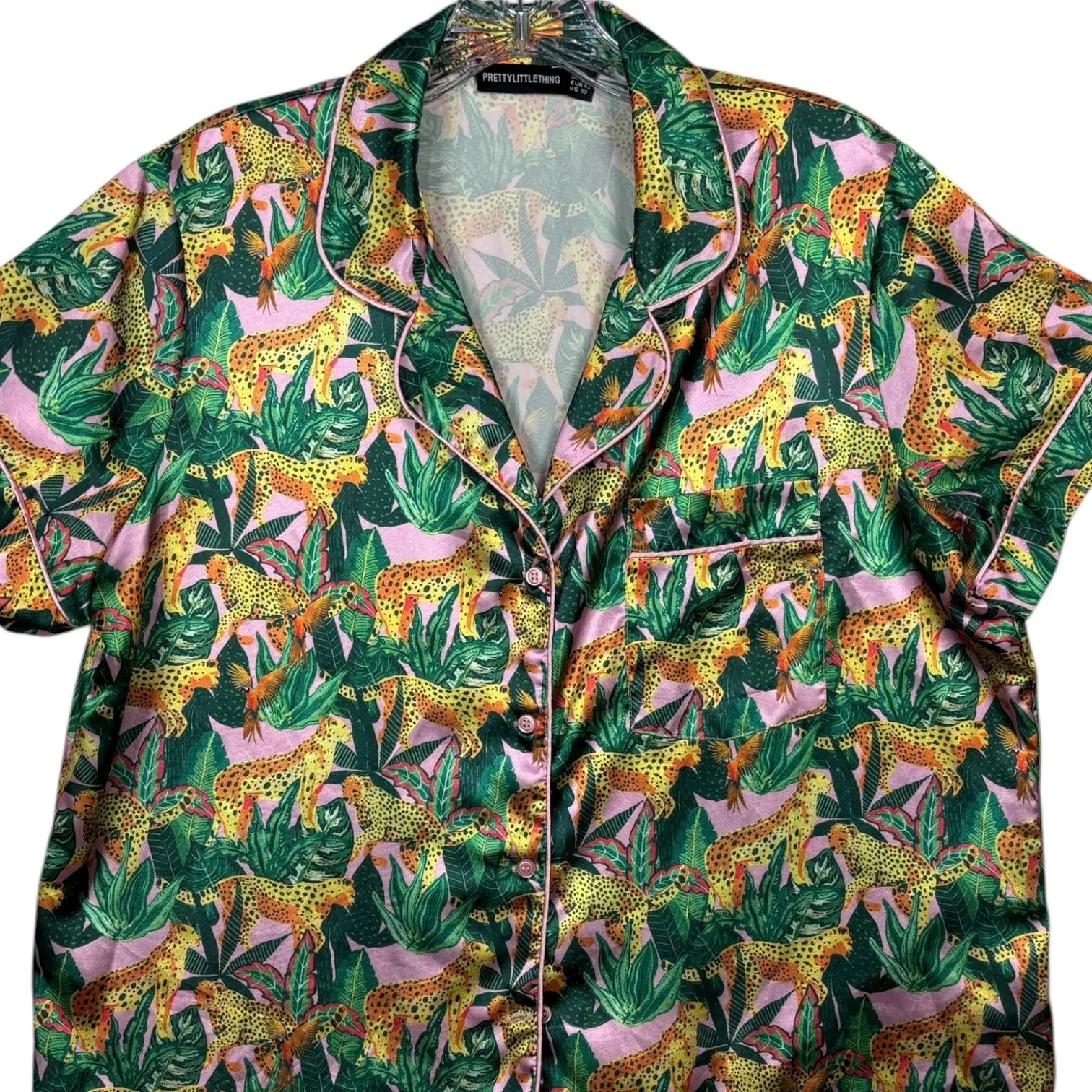 PrettyLittleThing Jungle Satin Pajama Set Button Top Shorts Leopard Print Sz 10 - Image 10
