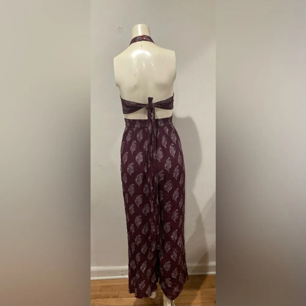 Lua Nova Jumpsuit Size Medium Burgundy Women’s Open Back Sheer Halter Top Purple - Image 2
