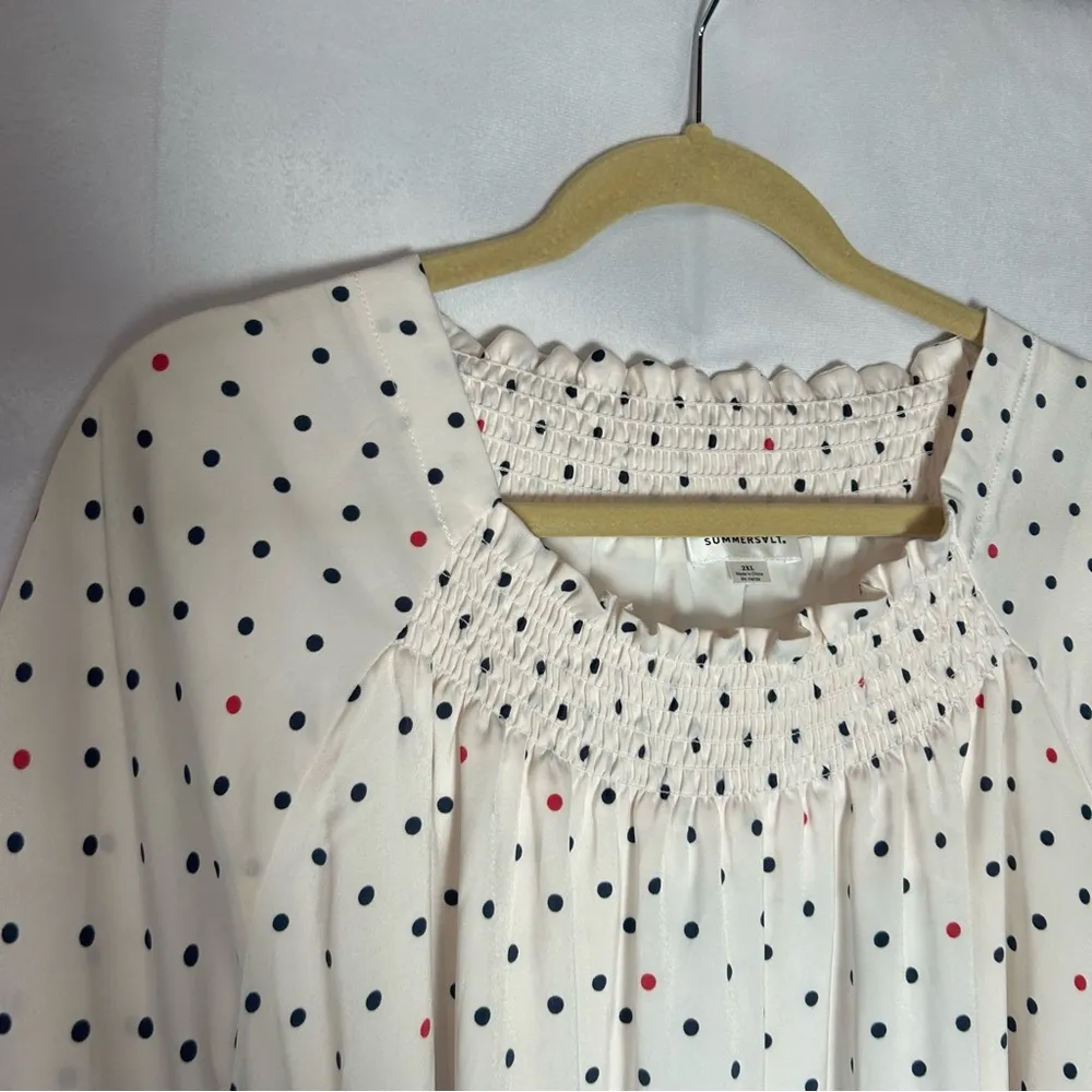 Summersalt White Pink Blue Polkadot Short Sleeve Smocked Ruffle Neck Dress 2XL - Image 4