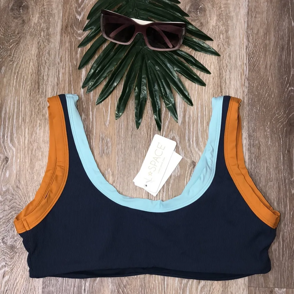 L*Space Lala Ribbed Colorblock Bikini Top in Slate Pool Blue Inca Gold XL NWT - Image 4