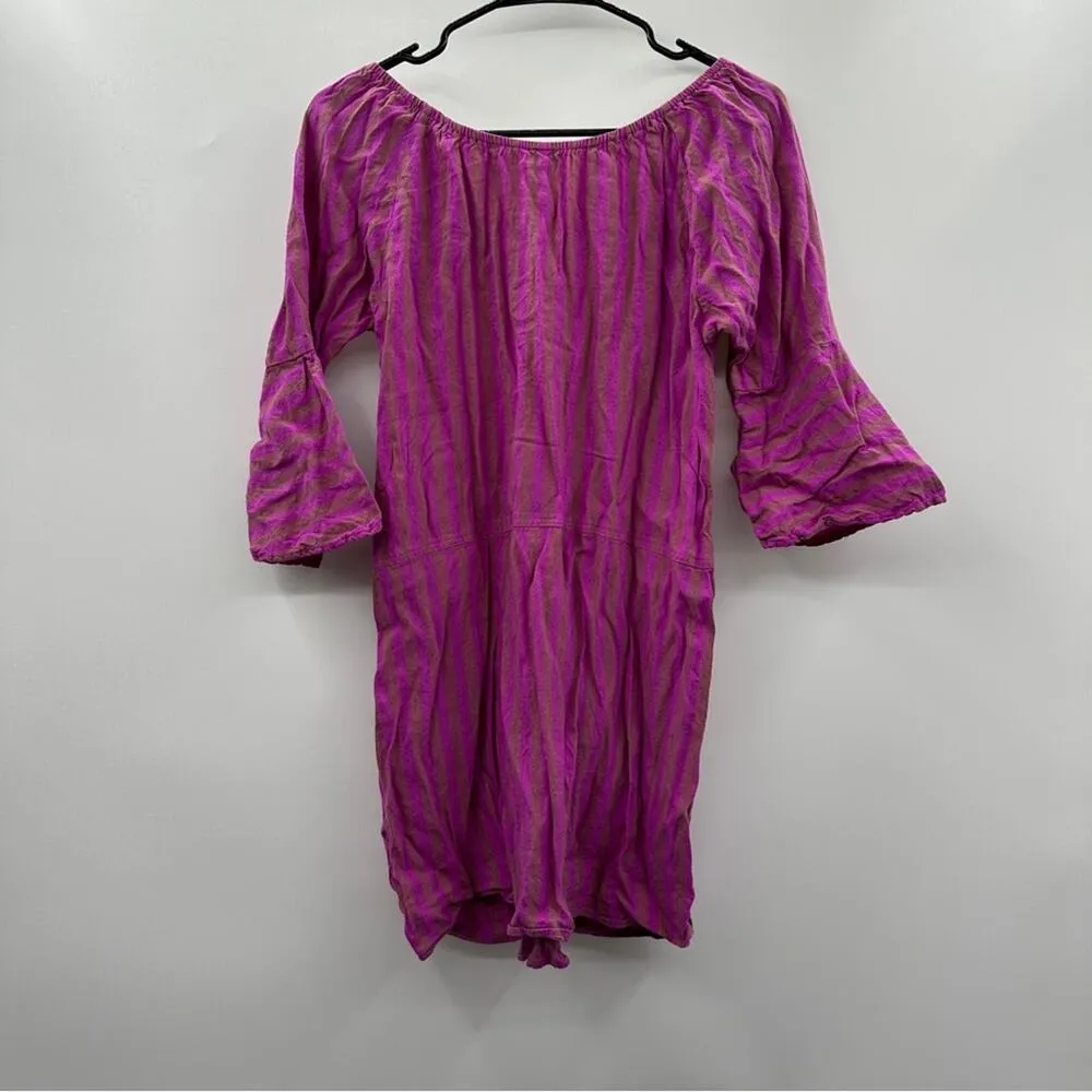 Free People Folk Town Linen Blend Purple &‎ Tan Striped Mini Dress Size S - Image 4