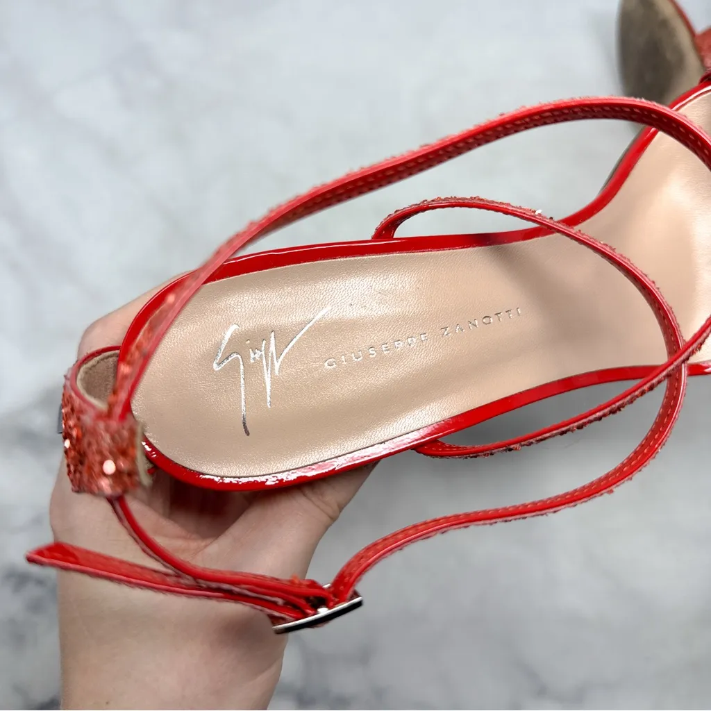 Giuseppe Zanotti Tara Glitter Strappy Leather Block Heel Sandals Red Orange 40 - Image 7
