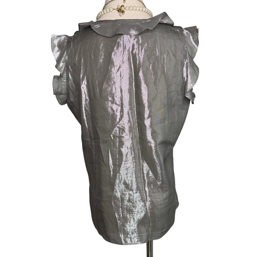 Vintage 90s/Y2K Lauren Ralph Lauren metallic silk ruffle blouse silver size 10 - Image 5