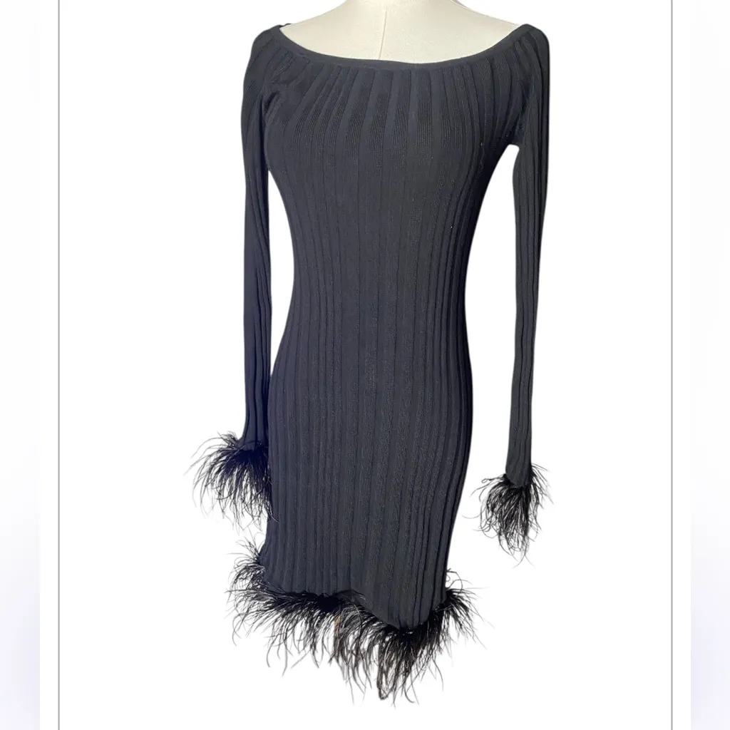 NWOT MILLY Black Ribbed Ostrich
Feather Trim Mini Dress Size M - Image 4