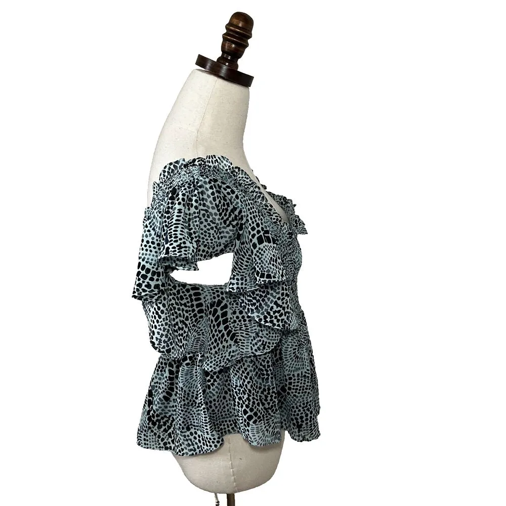 Cinq A Sept‎ Anabelis Smocked Ruffle Top Blue Sz Medium Square Neck Animal Print - Image 2