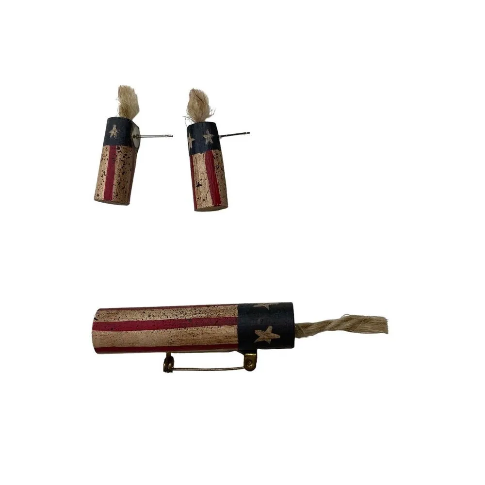 Vintage Wood 4th of July Firecracker Set Patriotic Pin Earrings And Pin - Image 2