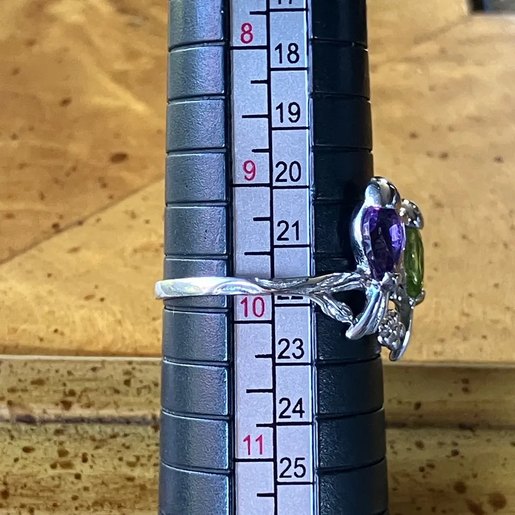 Natural Amethyst Peridot Sterling Silver Artistic Bird Ring Size 9.75 Purple - Image 8