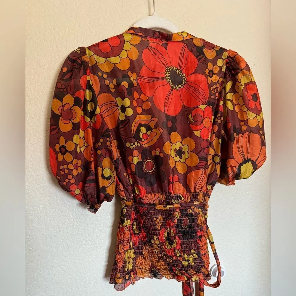 Vintage 80s Floral Silk Blouse Top Sz Small Puff Sleeve Rust Orange Retro‎ - Image 3