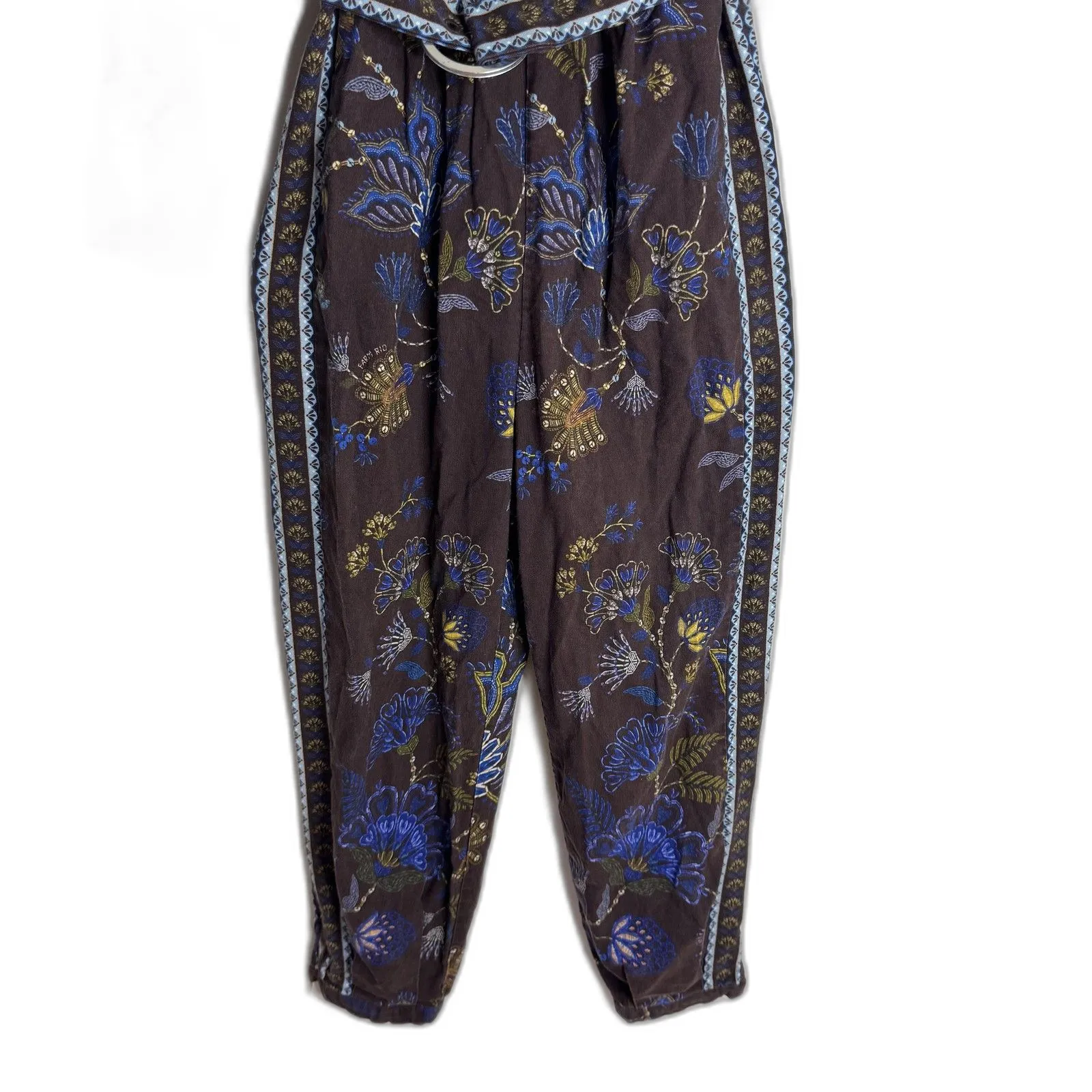 Farm Rio Jumpsuit Womens Medium Brown Blue Floral Belted Long Sleeve V Neck Boho - Image 5