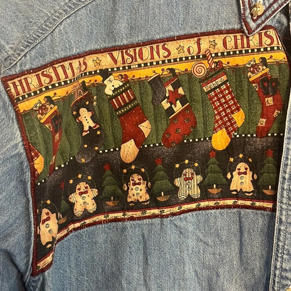Vtg Christmas Chambray Button Down Medium Holiday Embroidered Patchwork XMAS - Image 4