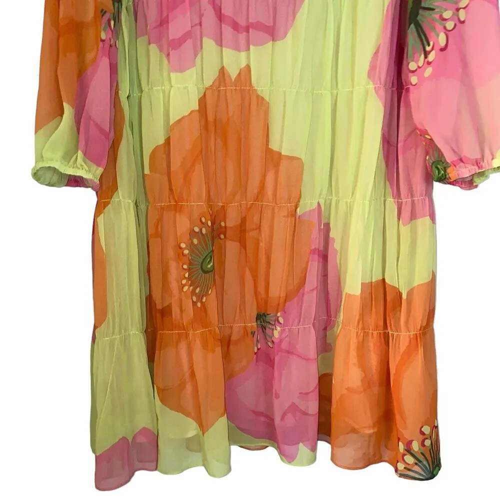 Trina Turk Women Large Silvery Dress Floral Pink Orange Pastel Balloon Sleeve - Image 5