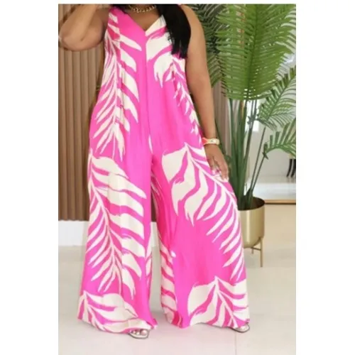 Dress Day Palm‎ Paradise Jumpsuit Women's L Pink White Leaf Print Size L - Image 2