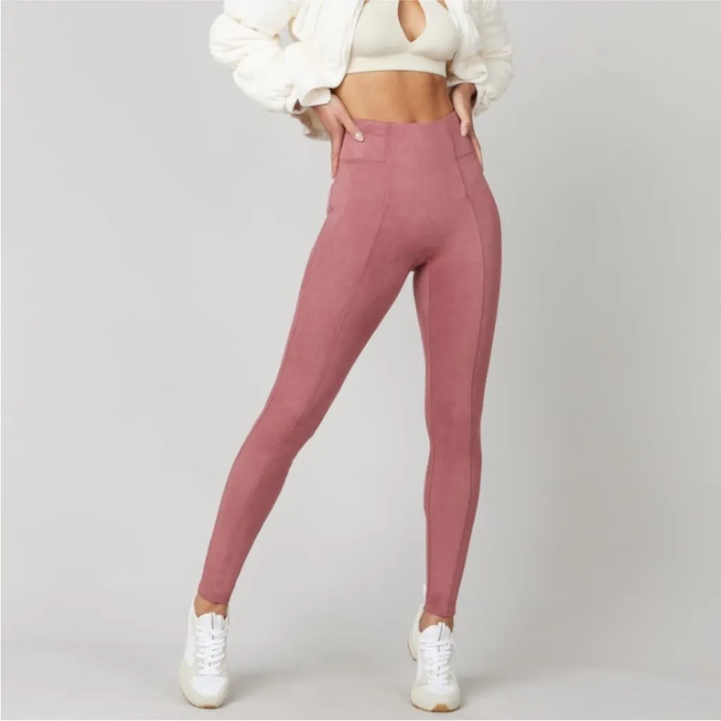 SPANX Faux Suede Leggings Rich Rose Pink High Waist Sz L - Image 2