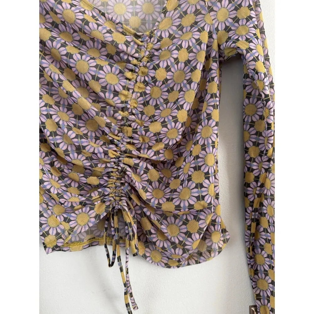 Urban Outfitters UO Shona Cinched Cropped Mesh Top Floral Retro Sheer Sz Large - Image 6