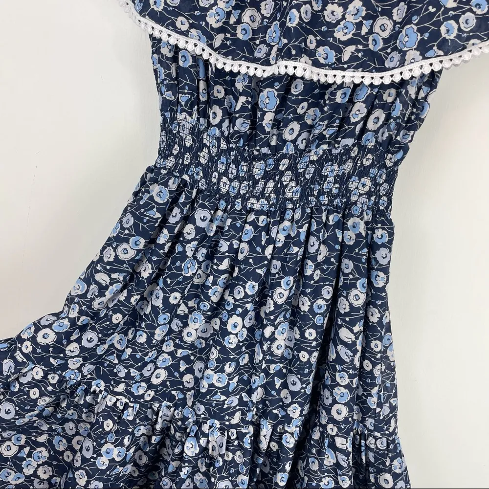 Eva Mendes Blue Floral Off Shoulder Smocked Waist Mini Dress Ruffle Hem Sz Small - Image 5