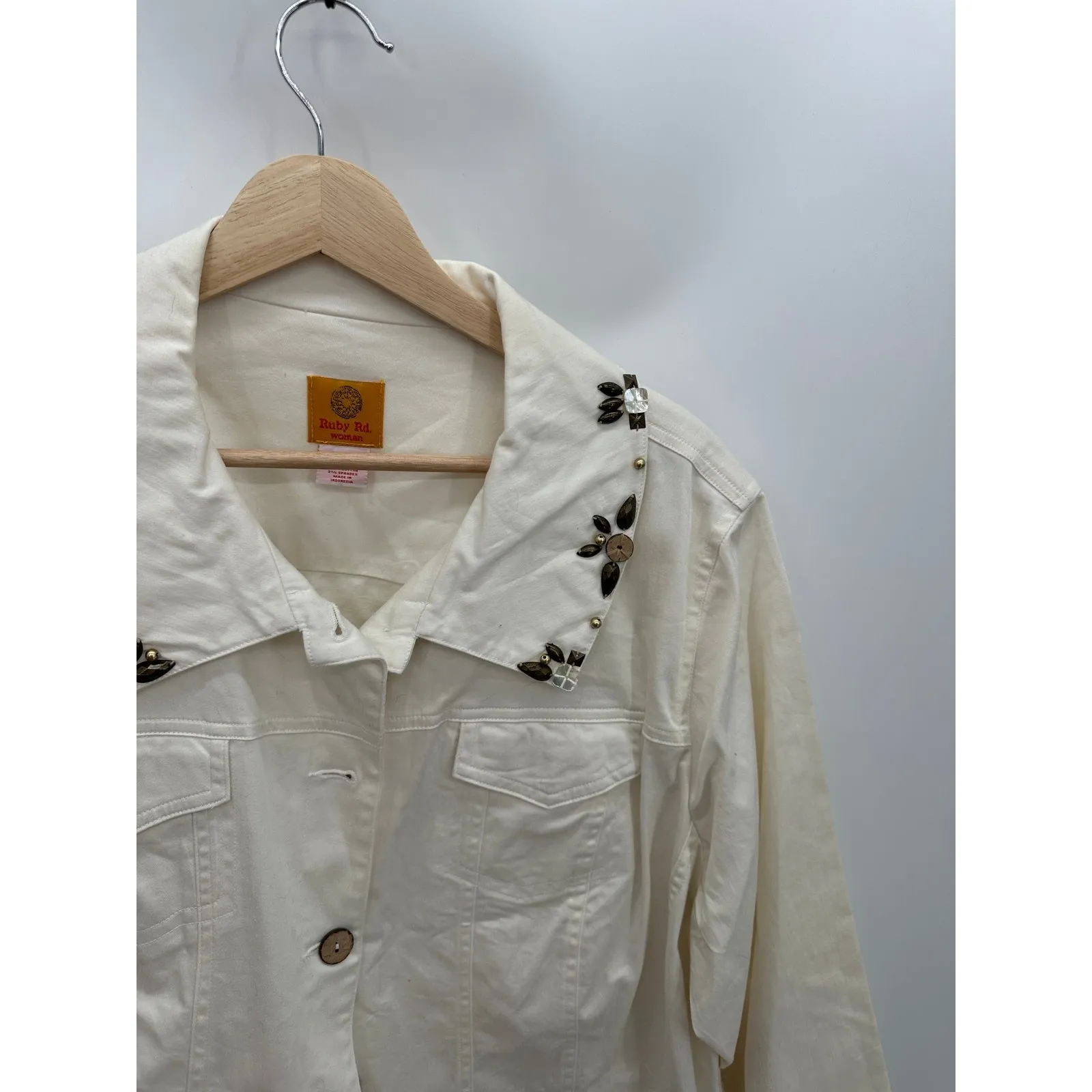 Ruby Rd Cream Ivory Cream Button Down Denim Jacket Embelished Women 18W NWT - Image 4