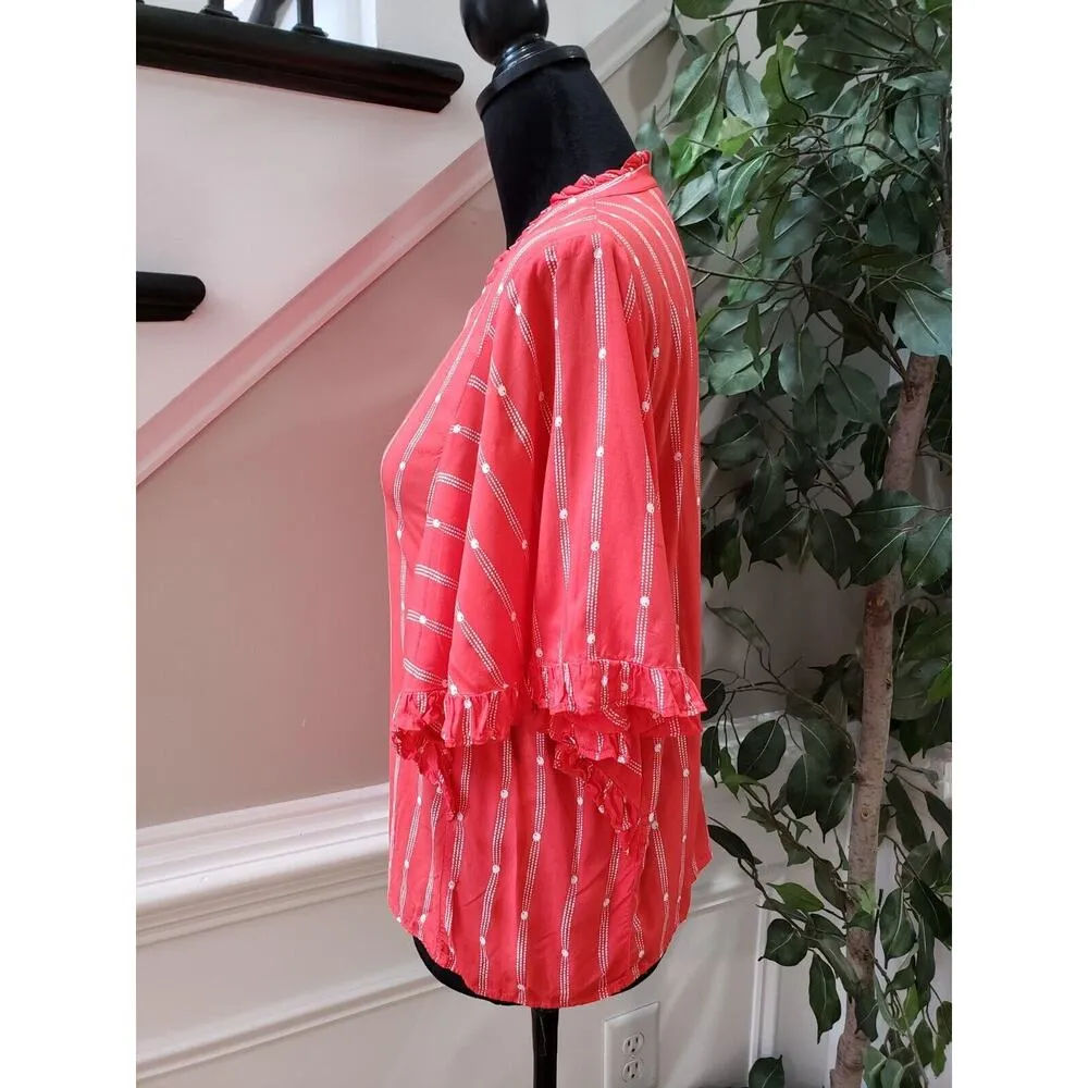 Anthropologie Mauve Red Striped Ruffle Button Front Short Sleeve Top Blouse S - Image 7