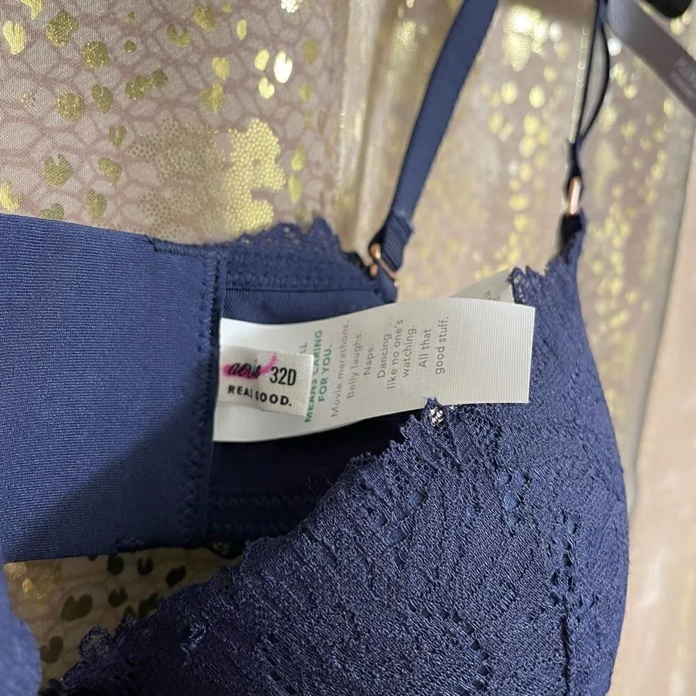 Aerie Navy Blue Real Power Plunge Push Up Sunflower Lace Bra 32D NWT - Image 3