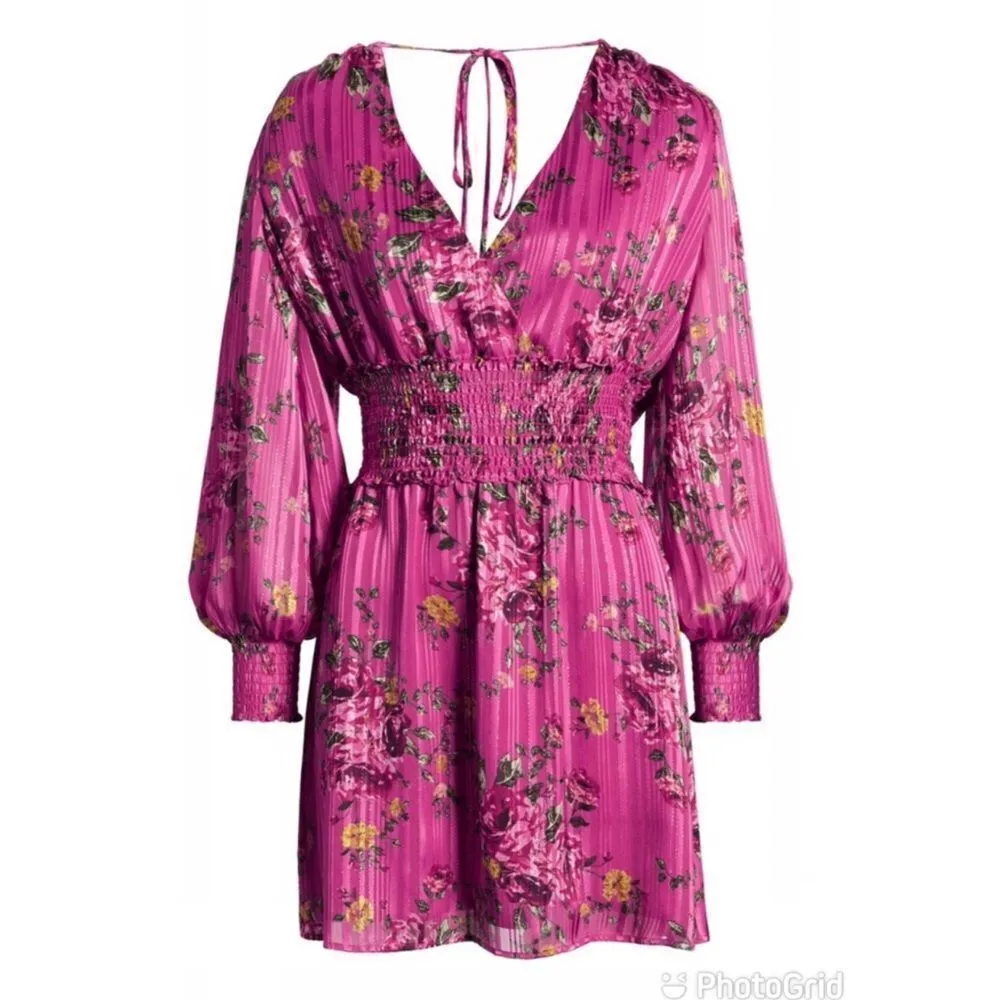WAYF Pink Floral Long Sleeve‎ Mini Dress Cocktail Party Low Back Satin XS New - Image 11