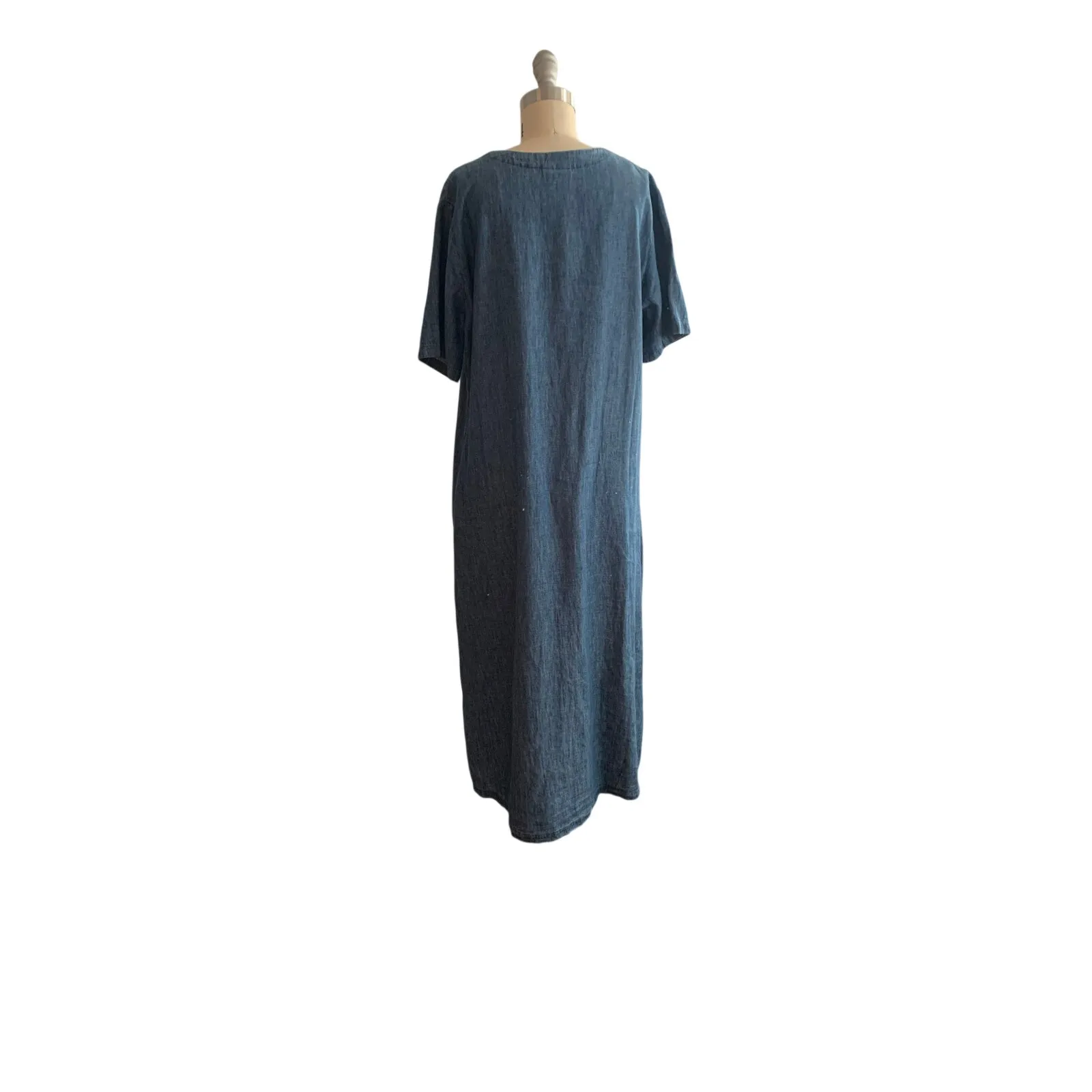 Liz Claiborne Size L Blue Chambray Linen Cotton Blend Maxi Dress Button Front V - Image 5