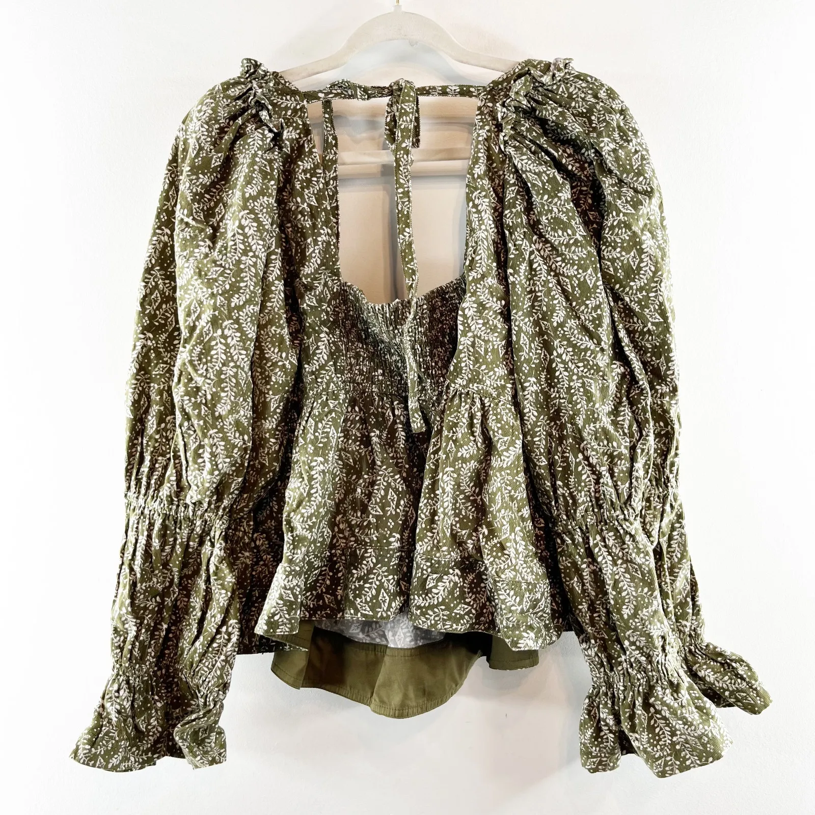 Pilcro Anthropologie Long Sleeve Square Neck Corduroy Peplum Top Green XL - Image 5