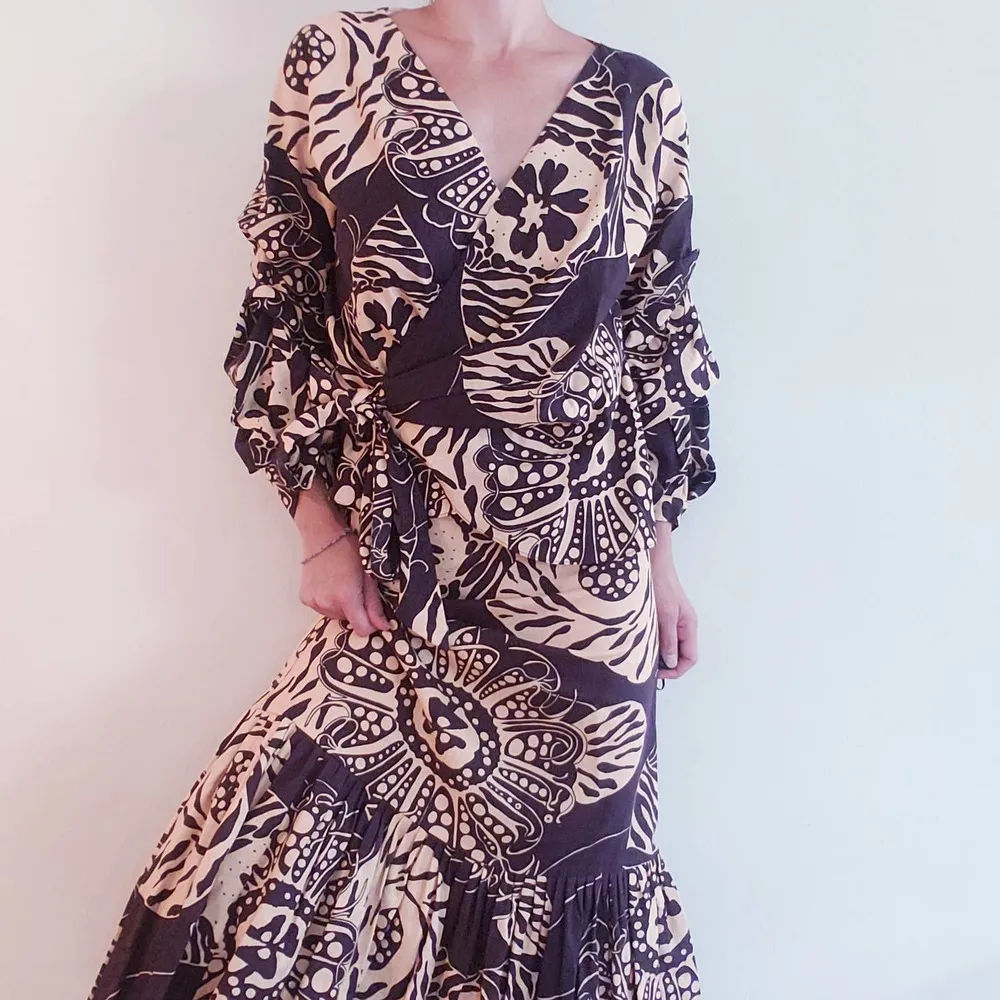 ZARA Printed Linen Blend Wrap Top & Maxi Skirt Ruffles Brown & Cream Size XS - Image 5