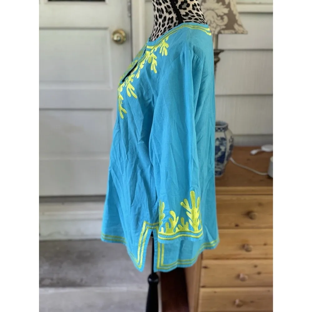 Gretchen Scott Cotton Embroidered Reef Tunic Turquoise / lime Size Medium READ - Image 10